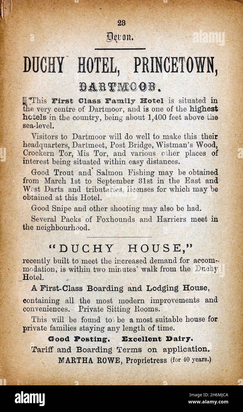 Vintage advertisement page from an 1889 Baddeley's Thorough Guide to the English Lake District.  Featuring the Duchy Hotel, Princetown, Devonshire, UK Stock Photo