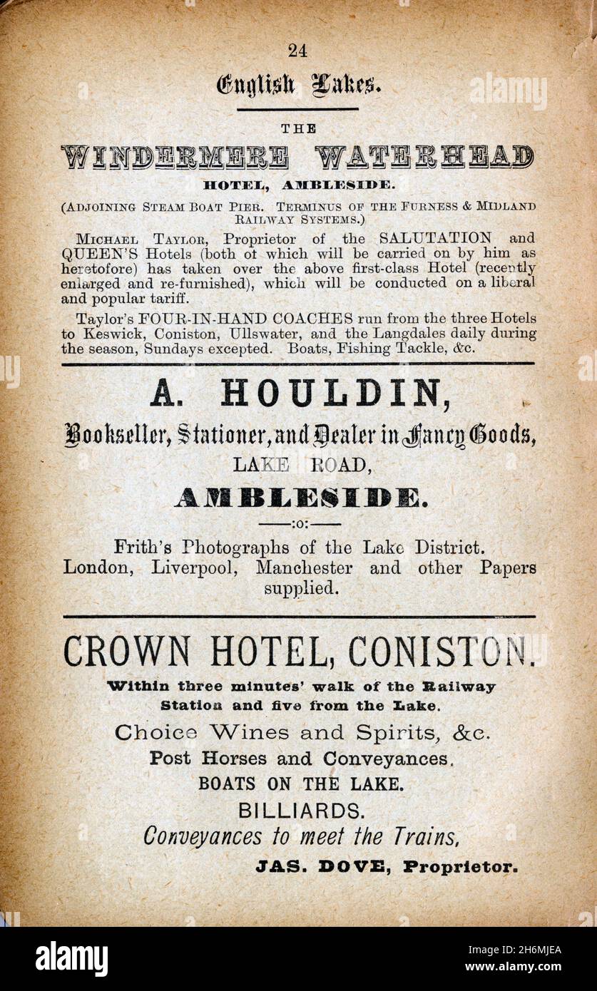 Vintage advertisement page from an 1889 Baddeley's Thorough Guide to the English Lake District.  Featuring hotels in the Lake District, England, UK Stock Photo