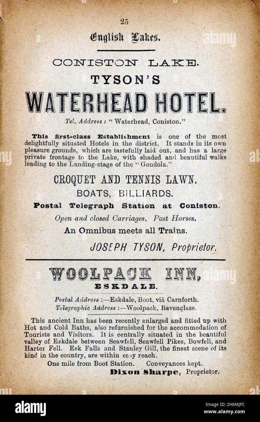 Vintage advertisement page from an 1889 Baddeley's Thorough Guide to the English Lake District.  Featuring hotels in the Lake District, England, UK Stock Photo