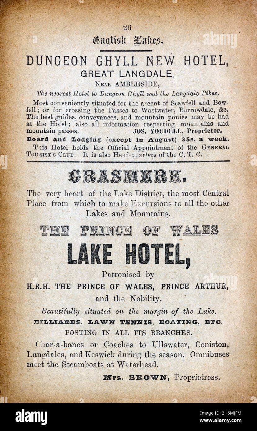 Vintage advertisement page from an 1889 Baddeley's Thorough Guide to the English Lake District.  Featuring hotels in the Lake District, England, UK Stock Photo