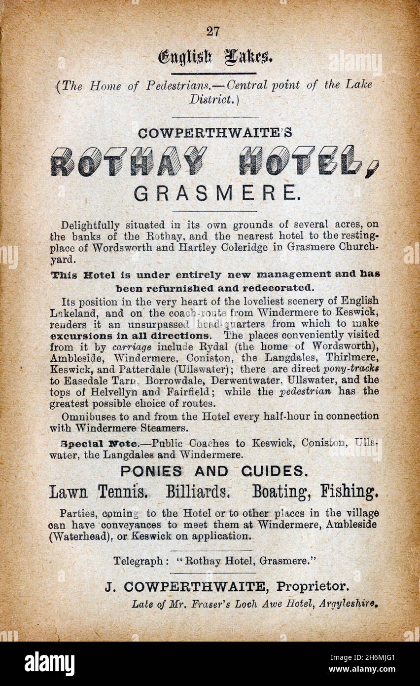 Vintage advertisement page from an 1889 Baddeley's Thorough Guide to the English Lake District.  Featuring the Rothay Hotel, Grasmere, Lake District, UK Stock Photo