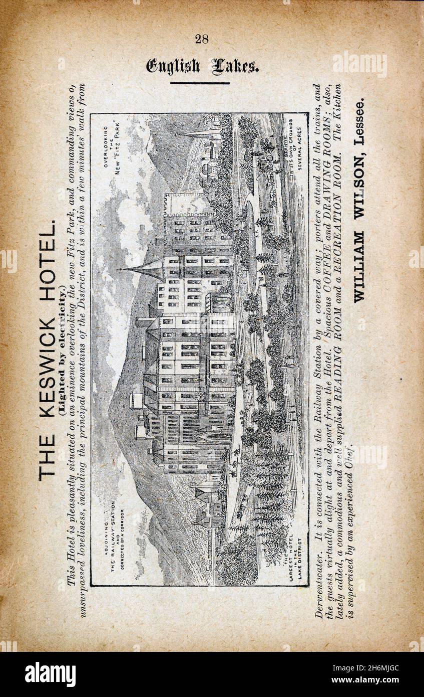 Vintage advertisement page from an 1889 Baddeley's Thorough Guide to the English Lake District.  Featuring the Keswick Hotel, Lake District, England, UK Stock Photo