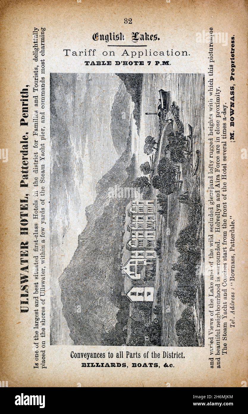 Vintage advertisement page from an 1889 Baddeley's Thorough Guide to the English Lake District.  Featuring the Ullswater Hotel, Patterdale, England, UK Stock Photo