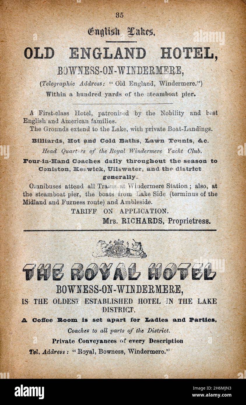 Vintage advertisement page from an 1889 Baddeley's Thorough Guide to the English Lake District.  Featuring hotels in the Lake District, England, UK Stock Photo