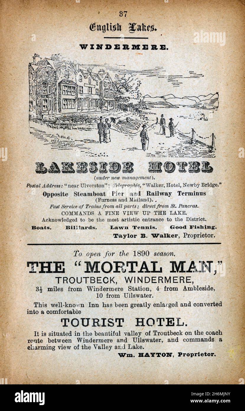 Vintage advertisement page from an 1889 Baddeley's Thorough Guide to the English Lake District.  Featuring hotels in the Lake District, England, UK Stock Photo