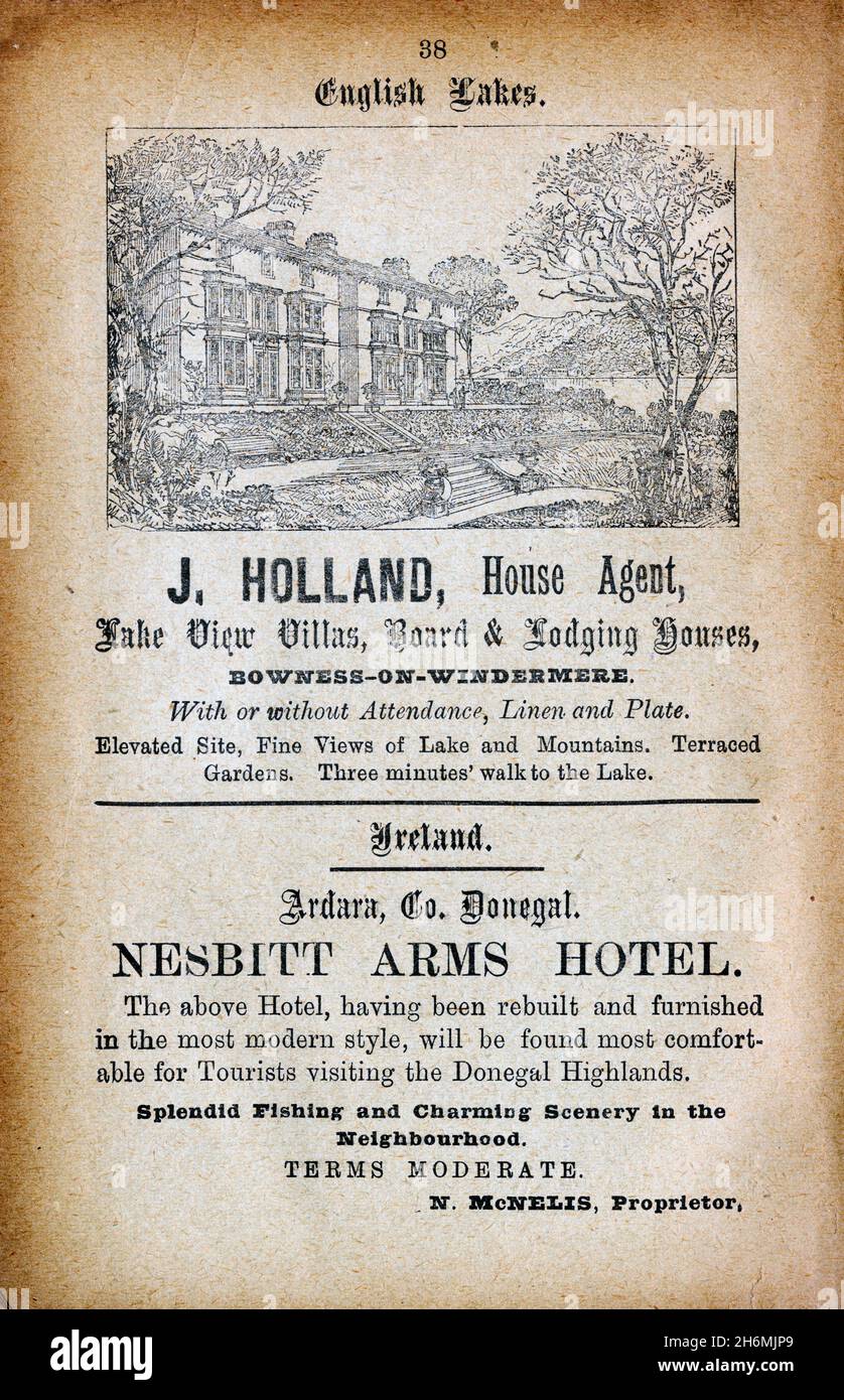 Vintage advertisement page from an 1889 Baddeley's Thorough Guide to the English Lake District.  Featuring hotels in the Lake District UK, and Ireland Stock Photo