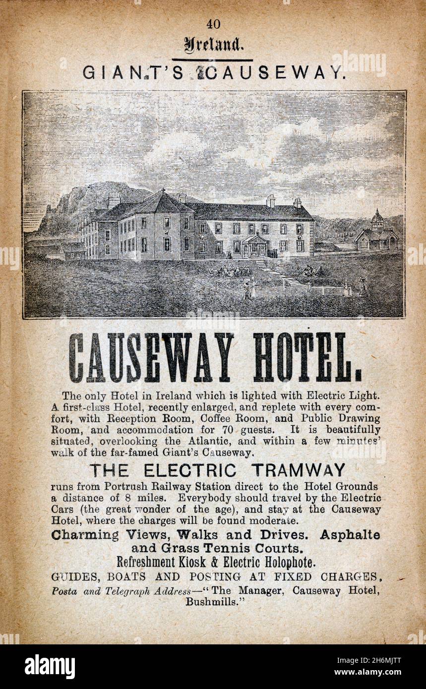 Vintage advertisement page from an 1889 Baddeley's Thorough Guide to the English Lake District.  Featuring the Causeway Hotel, County Antrim, Ireland. Stock Photo