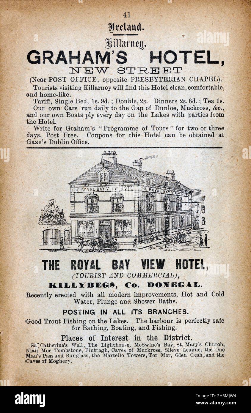 Vintage advertisement page from an 1889 Baddeley's Thorough Guide to the English Lake District.  Featuring hotels in Ireland. Stock Photo