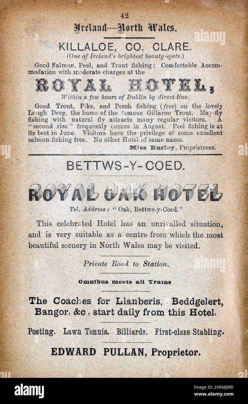 Vintage advertisement page from an 1889 Baddeley's Thorough Guide to the English Lake District.  Featuring hotels in Ireland and Wales. Stock Photo