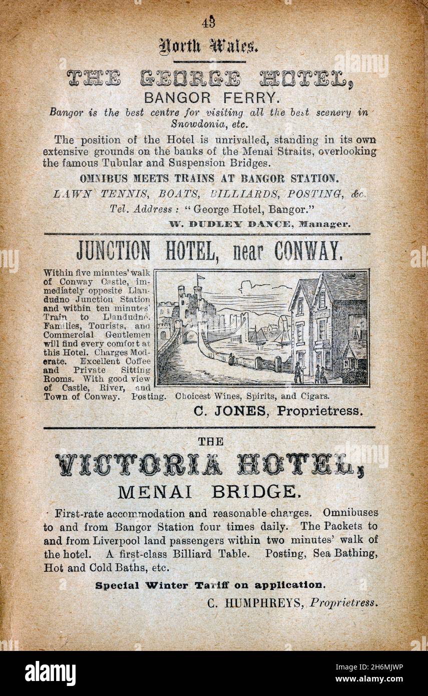 Vintage advertisement page from an 1889 Baddeley's Thorough Guide to the English Lake District.  Featuring hotels in North Wales, UK. Stock Photo