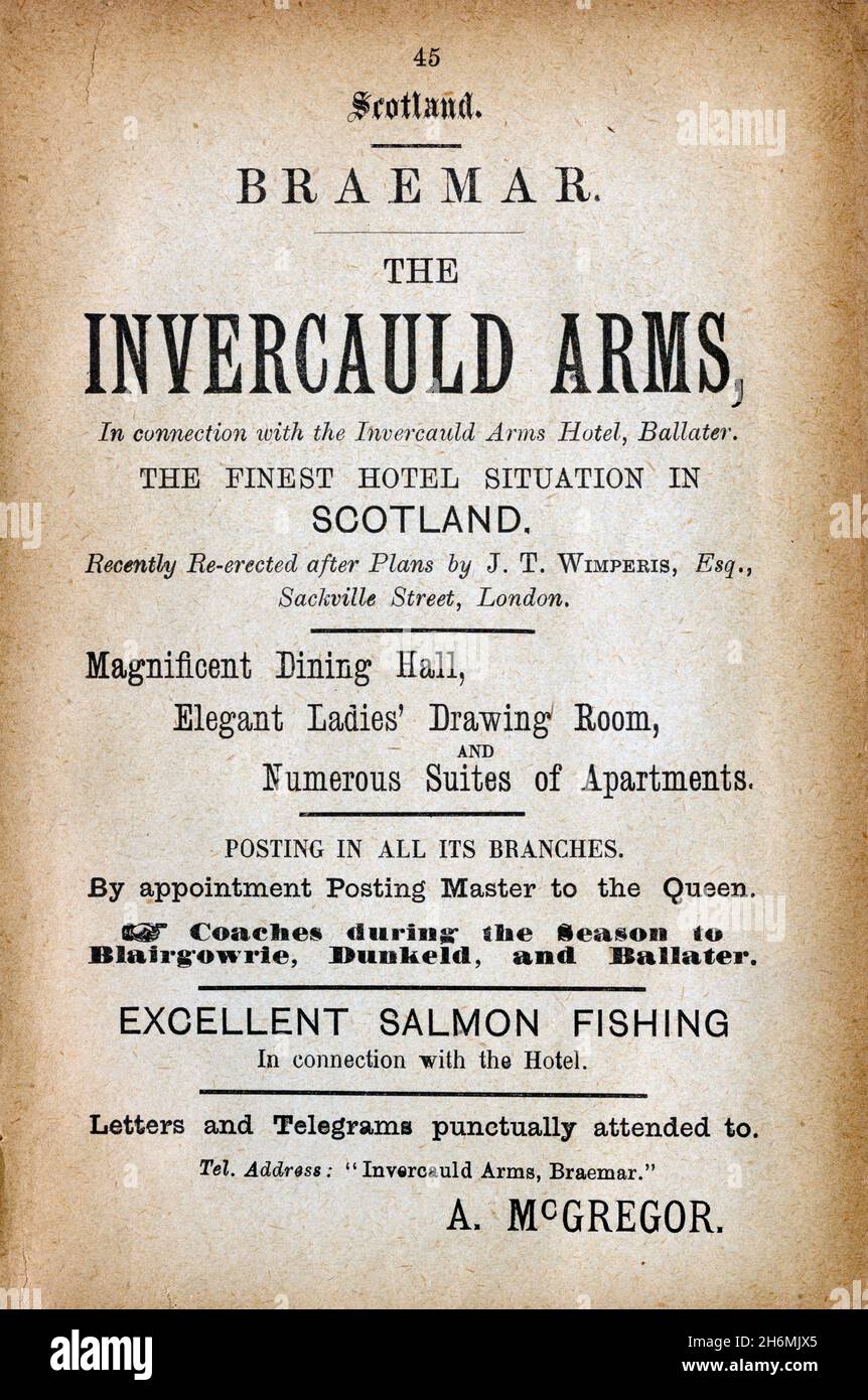 Vintage advertisement page from an 1889 Baddeley's Thorough Guide to the English Lake District.  Featuring the Invercauld Arms Hotel, Braemar, Scotland, UK Stock Photo