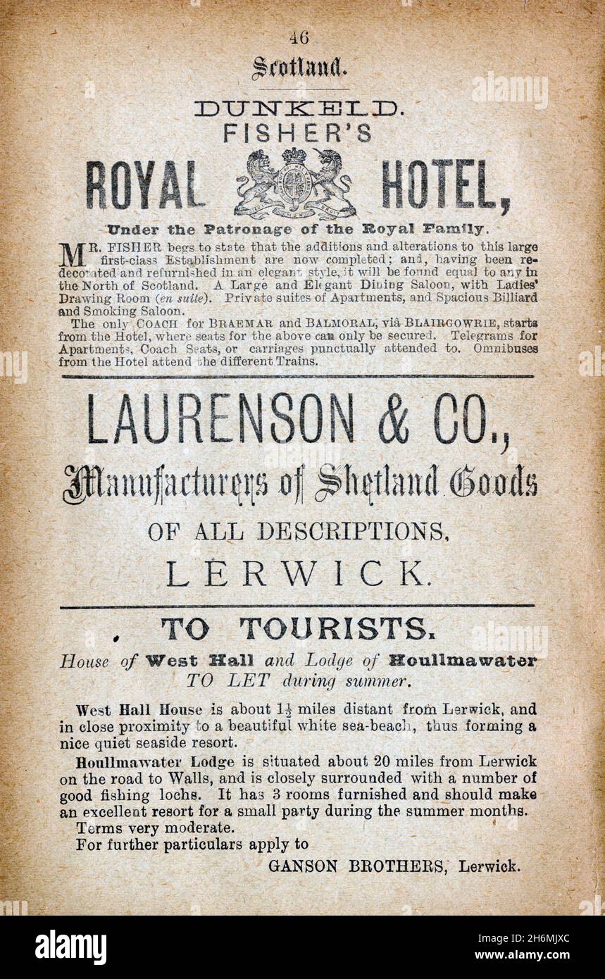 Vintage advertisement page from an 1889 Baddeley's Thorough Guide to the English Lake District.  Featuring hotels in Scotland and Shetland, UK. Stock Photo