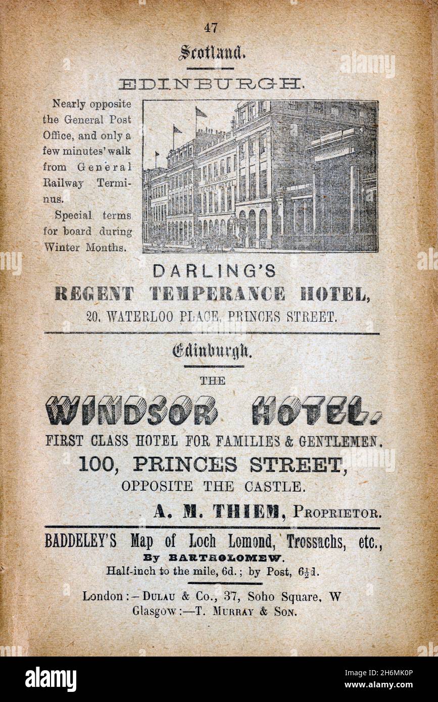 Vintage advertisement page from an 1889 Baddeley's Thorough Guide to the English Lake District.  Featuring hotels in Scotland, UK. Stock Photo