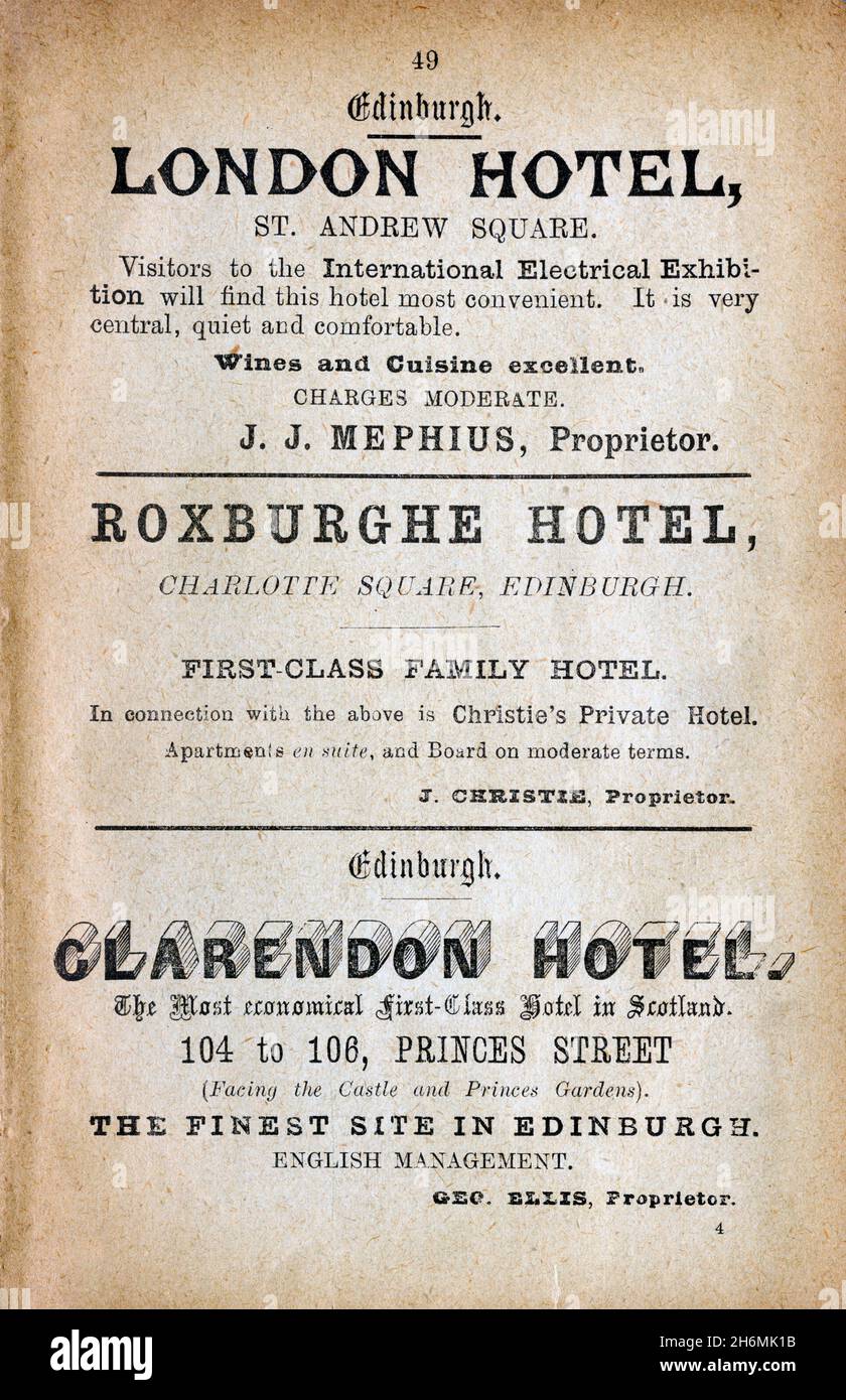 Vintage advertisement page from an 1889 Baddeley's Thorough Guide to the English Lake District.  Featuring hotels in Edinburgh, Scotland, UK. Stock Photo