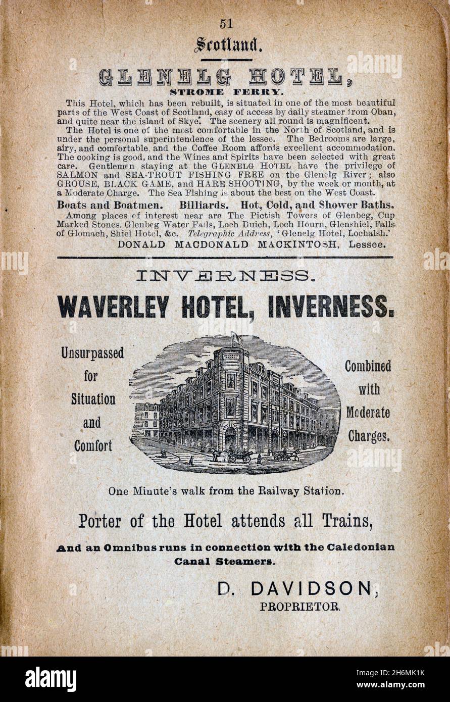 Vintage advertisement page from an 1889 Baddeley's Thorough Guide to the English Lake District.  Featuring hotels in Scotland, UK. Stock Photo