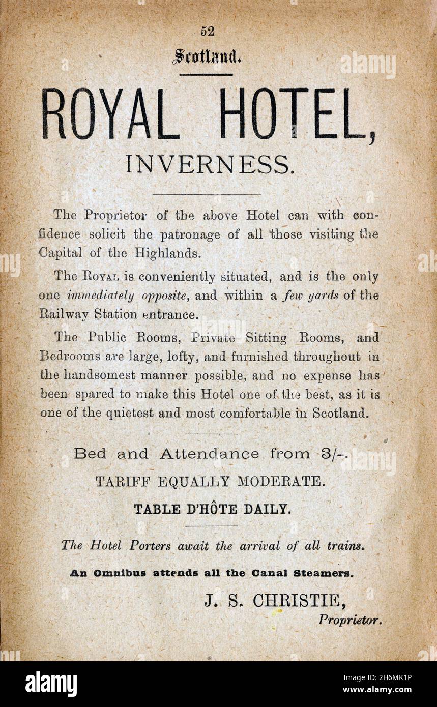 Vintage advertisement page from an 1889 Baddeley's Thorough Guide to the English Lake District.  Featuring the Royal Hotel, Inverness, Scotland, UK. Stock Photo