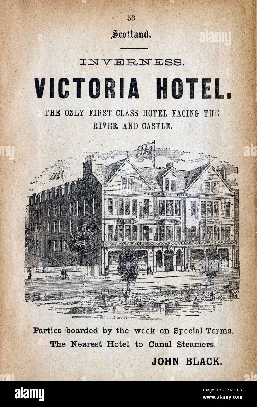 Vintage advertisement page from an 1889 Baddeley's Thorough Guide to the English Lake District.  Featuring the Victoria Hotel, Inverness, Scotland, UK Stock Photo