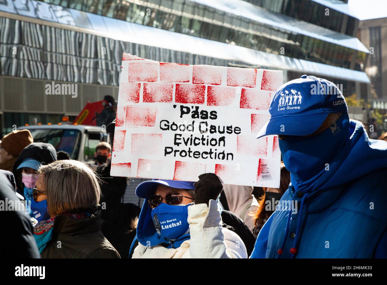 New York, USA. 16th Nov, 2021. Housing rights activists rallied at Hudson Yards on November 16, 2021 to launch the “House NY” campaign calling on legislators to enact real long-term solutions to the COVID-19 housing crisis. This includes enacting Good Cause Eviction, implementing a realistic housing access voucher program, and the elimination of 421-a. (Photo by Karla Ann Coté/Sipa USA) Credit: Sipa USA/Alamy Live News Stock Photo