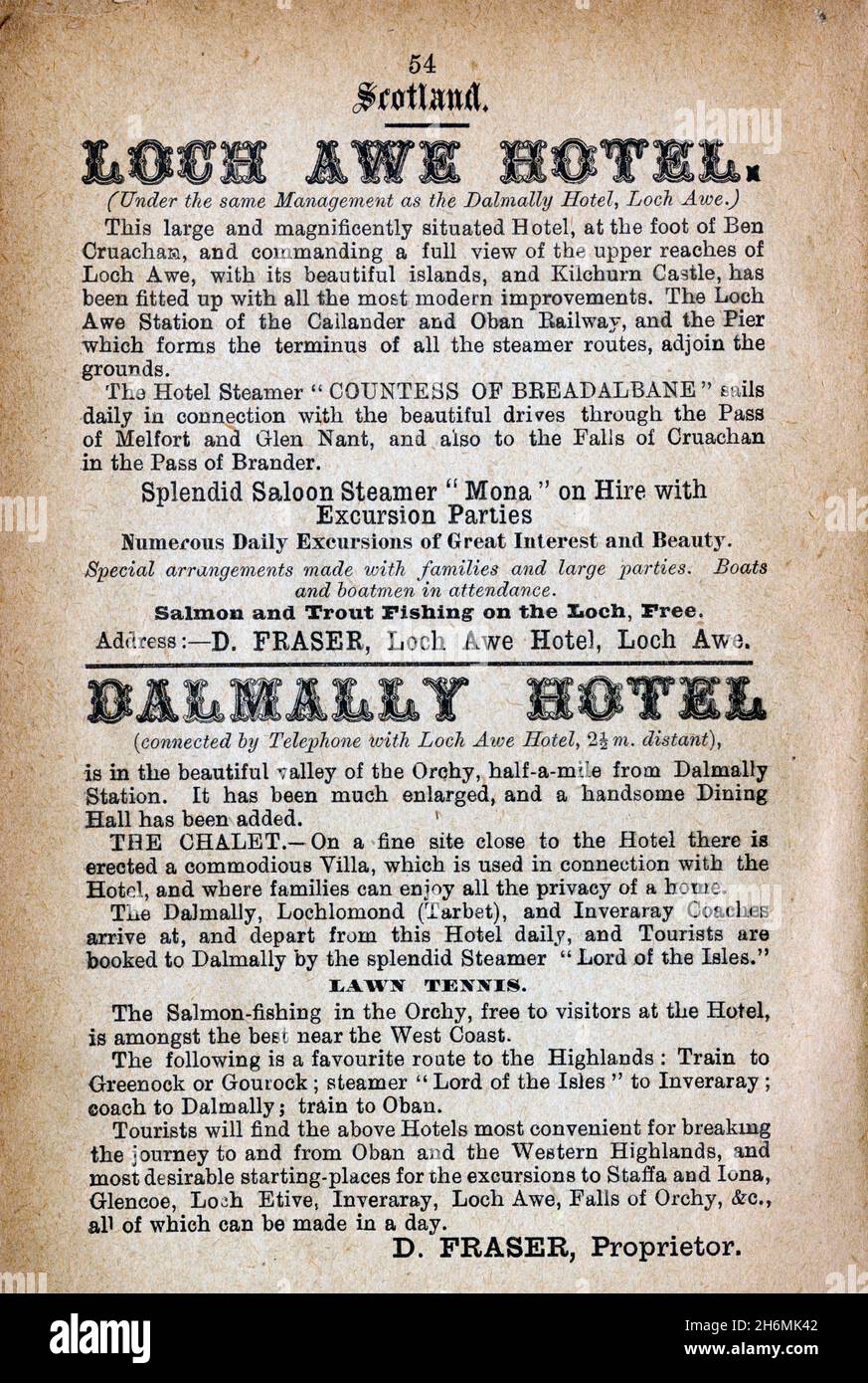 Vintage advertisement page from an 1889 Baddeley's Thorough Guide to the English Lake District.  Featuring hotels in Scotland, UK. Stock Photo