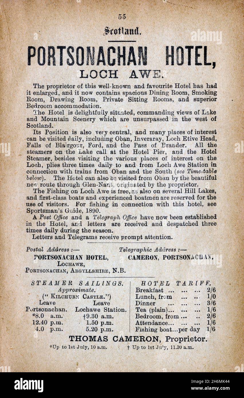 Vintage advertisement page from an 1889 Baddeley's Thorough Guide to the English Lake District.  Featuring the Portsonachan Hotel, Loch Awe, Scotland, UK. Stock Photo