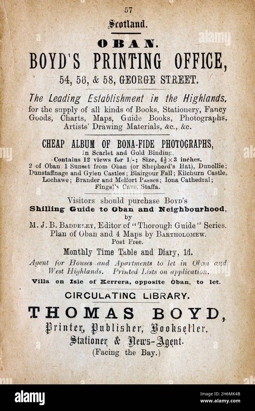 Vintage advertisement page from an 1889 Baddeley's Thorough Guide to the English Lake District.  Featuring Boyd's Printing Office, Oban, Scotland, UK. Stock Photo