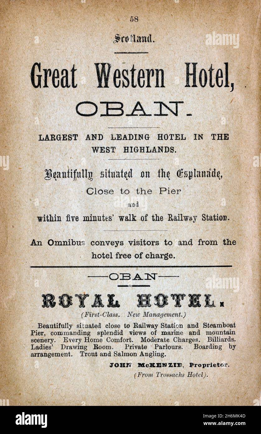 Vintage advertisement page from an 1889 Baddeley's Thorough Guide to the English Lake District.  Featuring hotels in Oban, Scotland, UK. Stock Photo