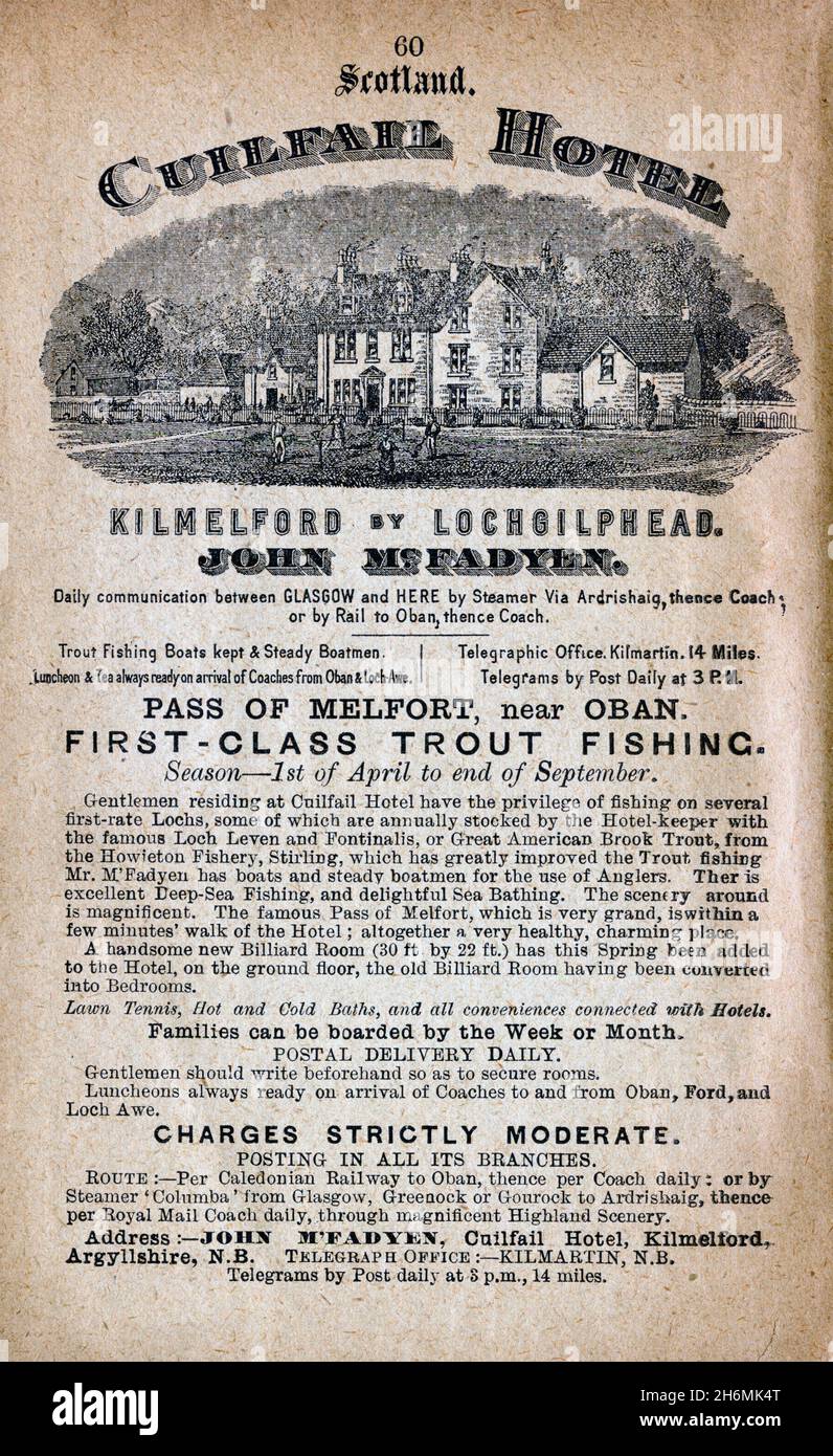 Vintage advertisement page from an 1889 Baddeley's Thorough Guide to the English Lake District.  Featuring the Cuilfail Hotel, Cuilfail, Scotland, UK. Stock Photo
