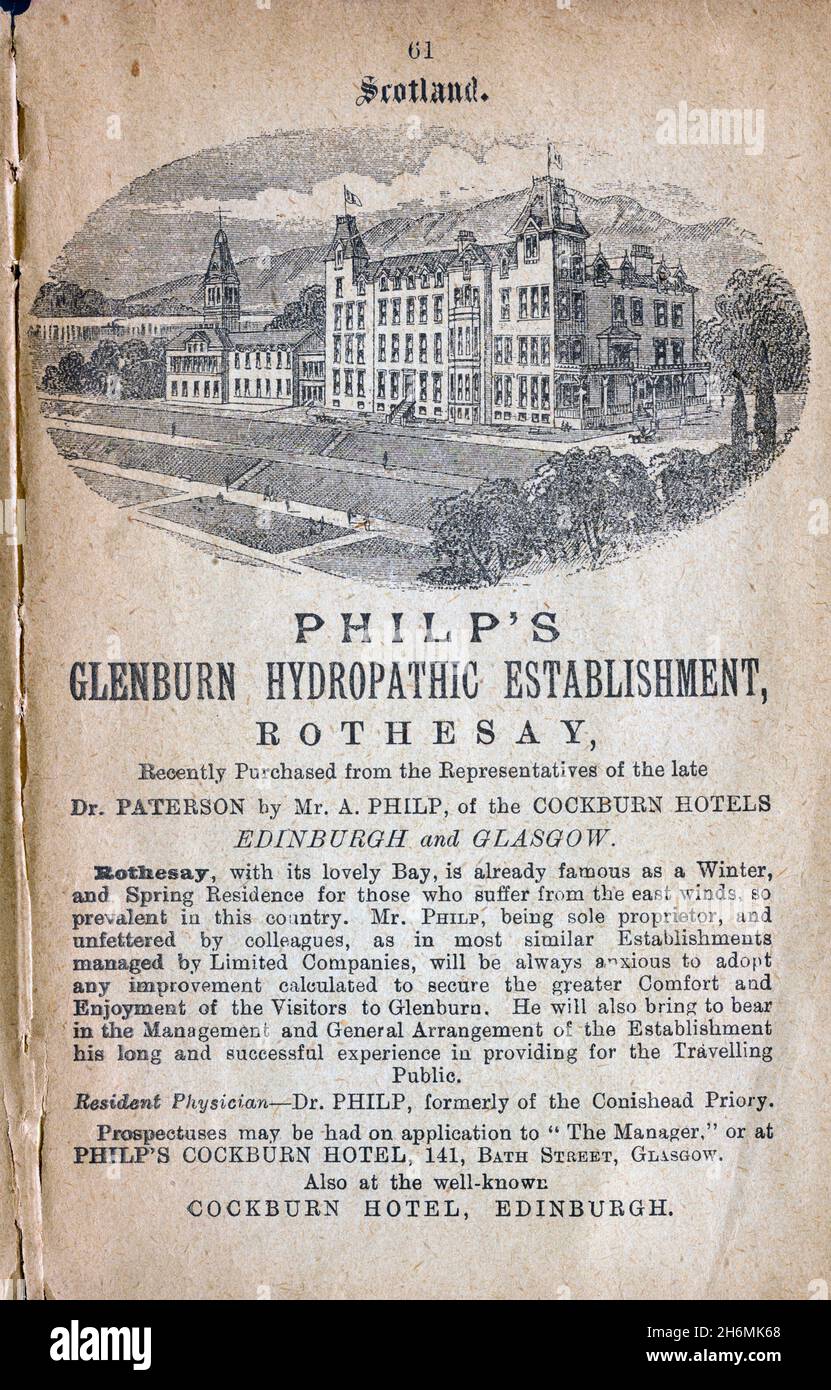 Vintage advertisement page from an 1889 Baddeley's Thorough Guide to the English Lake District.  Featuring the Glenburn Hydropathic Establishment Scotland Stock Photo