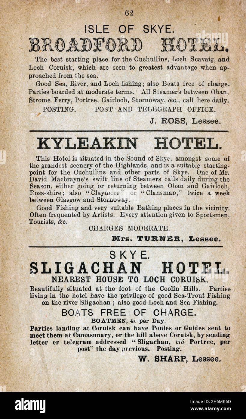 Vintage advertisement page from an 1889 Baddeley's Thorough Guide to the English Lake District.  Featuring hotels on the Isle of Skye, Scotland, UK. Stock Photo