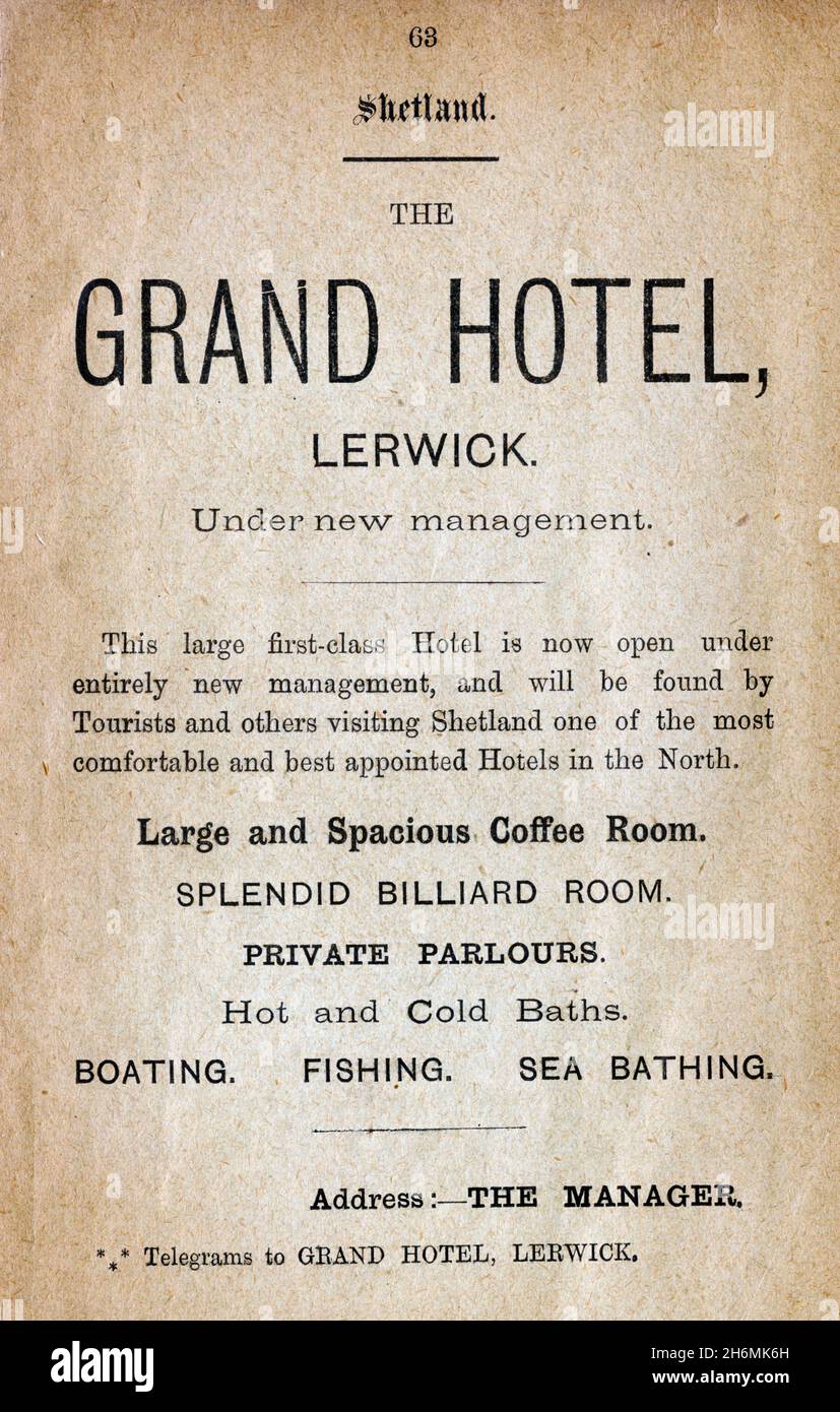 Vintage advertisement page from an 1889 Baddeley's Thorough Guide to the English Lake District.  Featuring the Grand Hotel, Lerwick, Shetland, Scotland, UK Stock Photo
