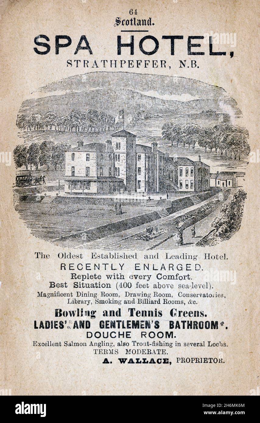 Vintage advertisement page from an 1889 Baddeley's Thorough Guide to the English Lake District.  Featuring the Spa Hotel, Strathpeffer, Scotland, UK Stock Photo