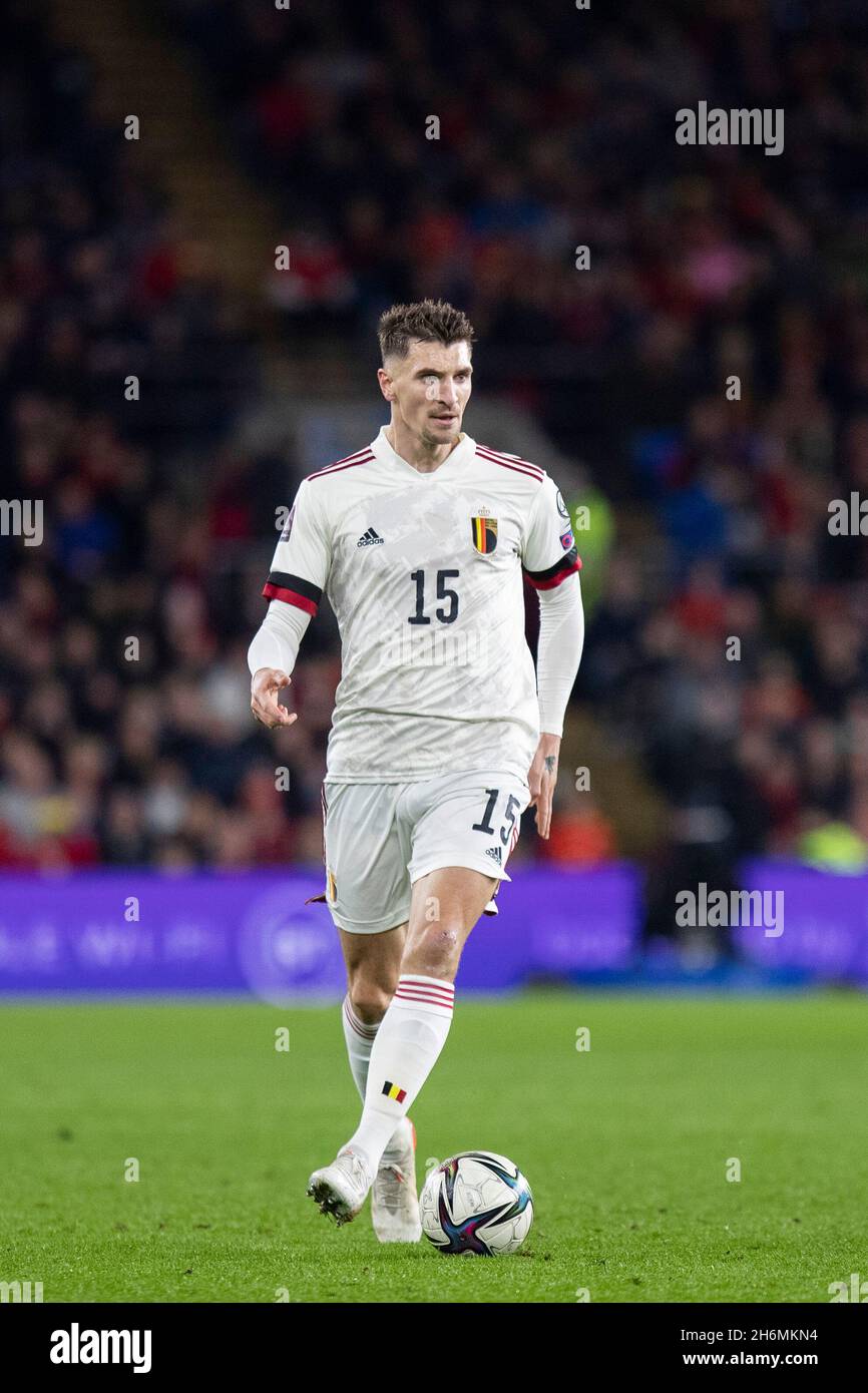 Cardiff, Wales, UK. 16th Nov, 2021. Thomas Meunier of Belgium during the World Cup 2022 group qualification match between Wales and Belgium at the Cardiff City Stadium. Credit: Mark Hawkins/Alamy Live News Stock Photo