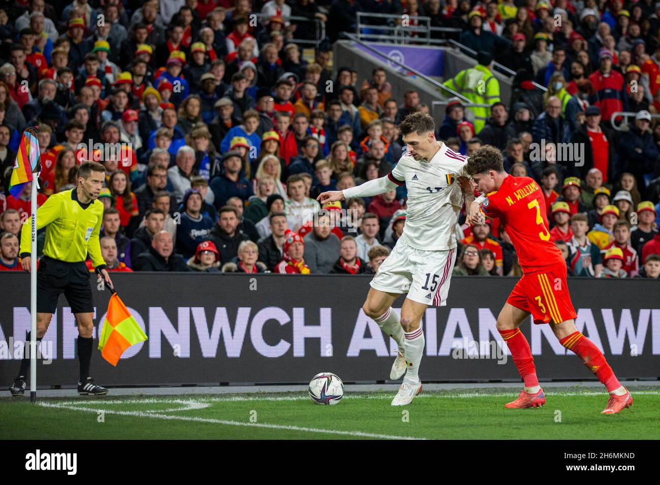 Cardiff, Wales, UK. 16th Nov, 2021. Thomas Meunier of Belgium shields the ball from Neco Williams of Wales during the World Cup 2022 group qualification match between Wales and Belgium at the Cardiff City Stadium. Credit: Mark Hawkins/Alamy Live News Stock Photo