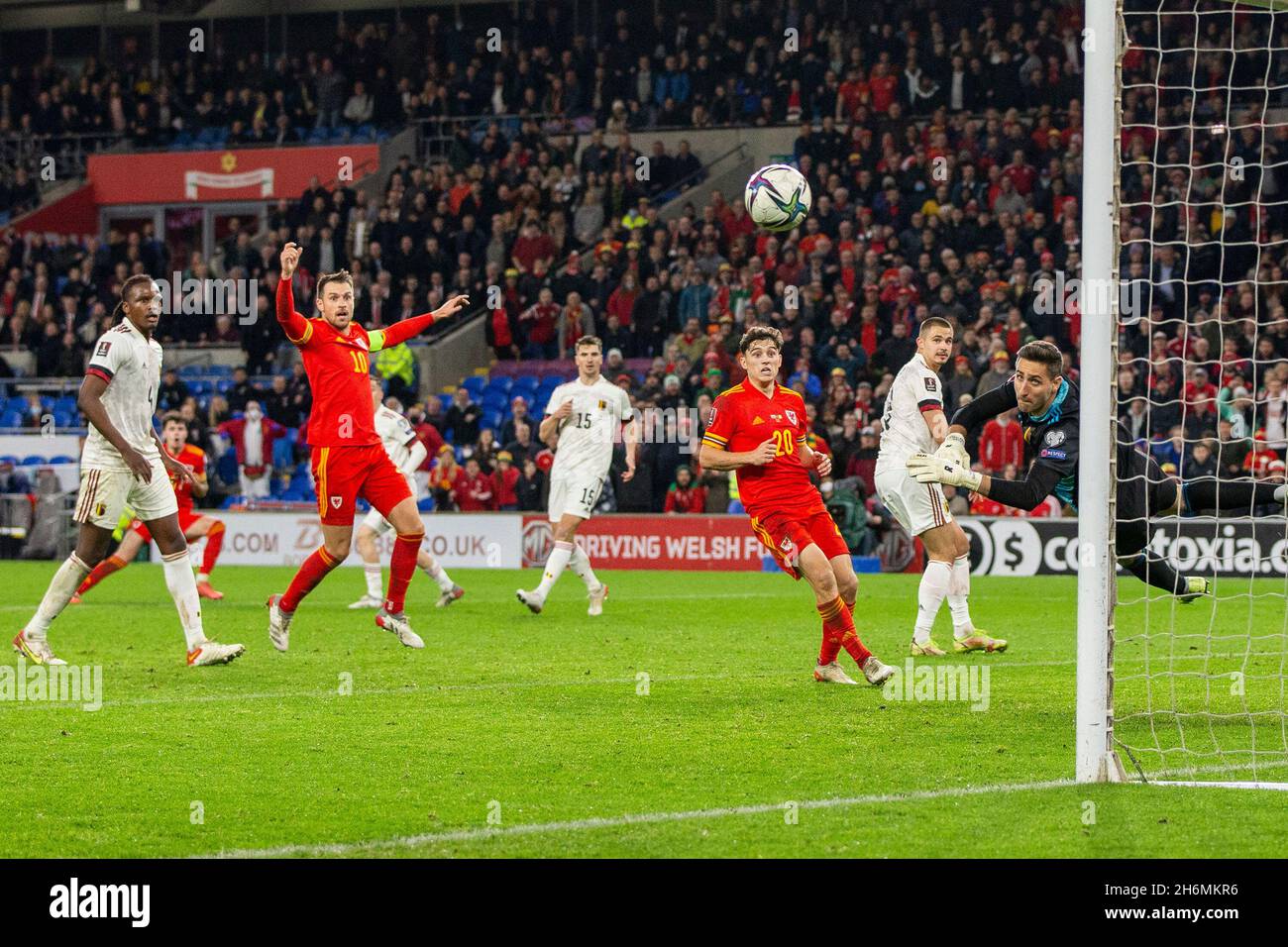 Cardiff, Wales, UK. 16th Nov, 2021. Koen Casteels of Belgium saves a shot from Neco Williams of Wales during the World Cup 2022 group qualification match between Wales and Belgium at the Cardiff City Stadium. Credit: Mark Hawkins/Alamy Live News Stock Photo