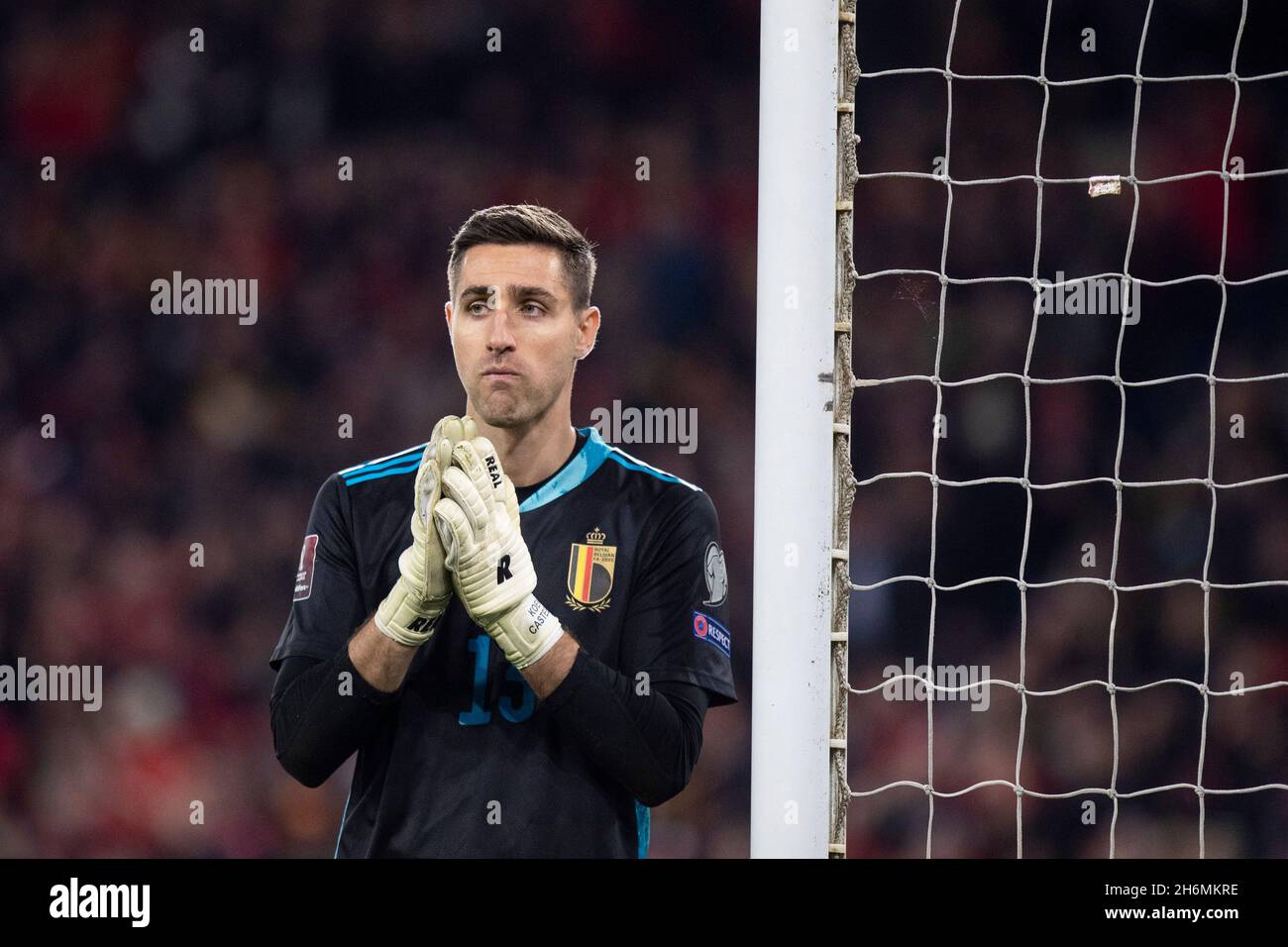 Cardiff, Wales, UK. 16th Nov, 2021. Koen Casteels of Belgium during the World Cup 2022 group qualification match between Wales and Belgium at the Cardiff City Stadium. Credit: Mark Hawkins/Alamy Live News Stock Photo