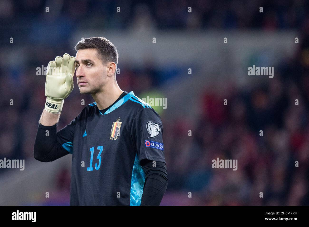 Cardiff, Wales, UK. 16th Nov, 2021. Koen Casteels of Belgium during the World Cup 2022 group qualification match between Wales and Belgium at the Cardiff City Stadium. Credit: Mark Hawkins/Alamy Live News Stock Photo