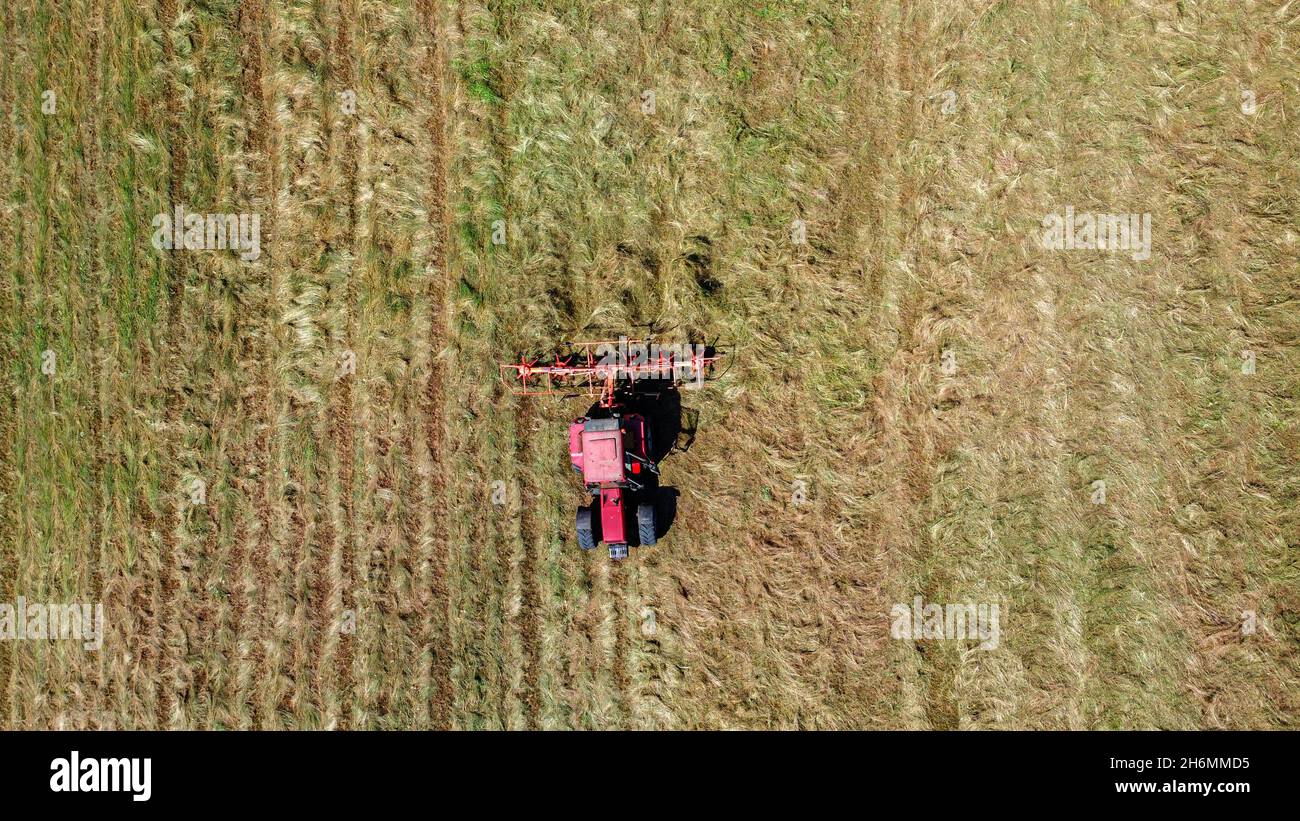 Aerial Birdseye drone perspective of a harvester during summer harvest in southern France. Stock Photo