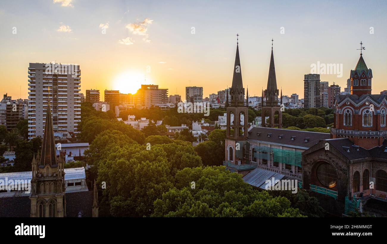 Aerial view of cityscape during sunrise Stock Photo