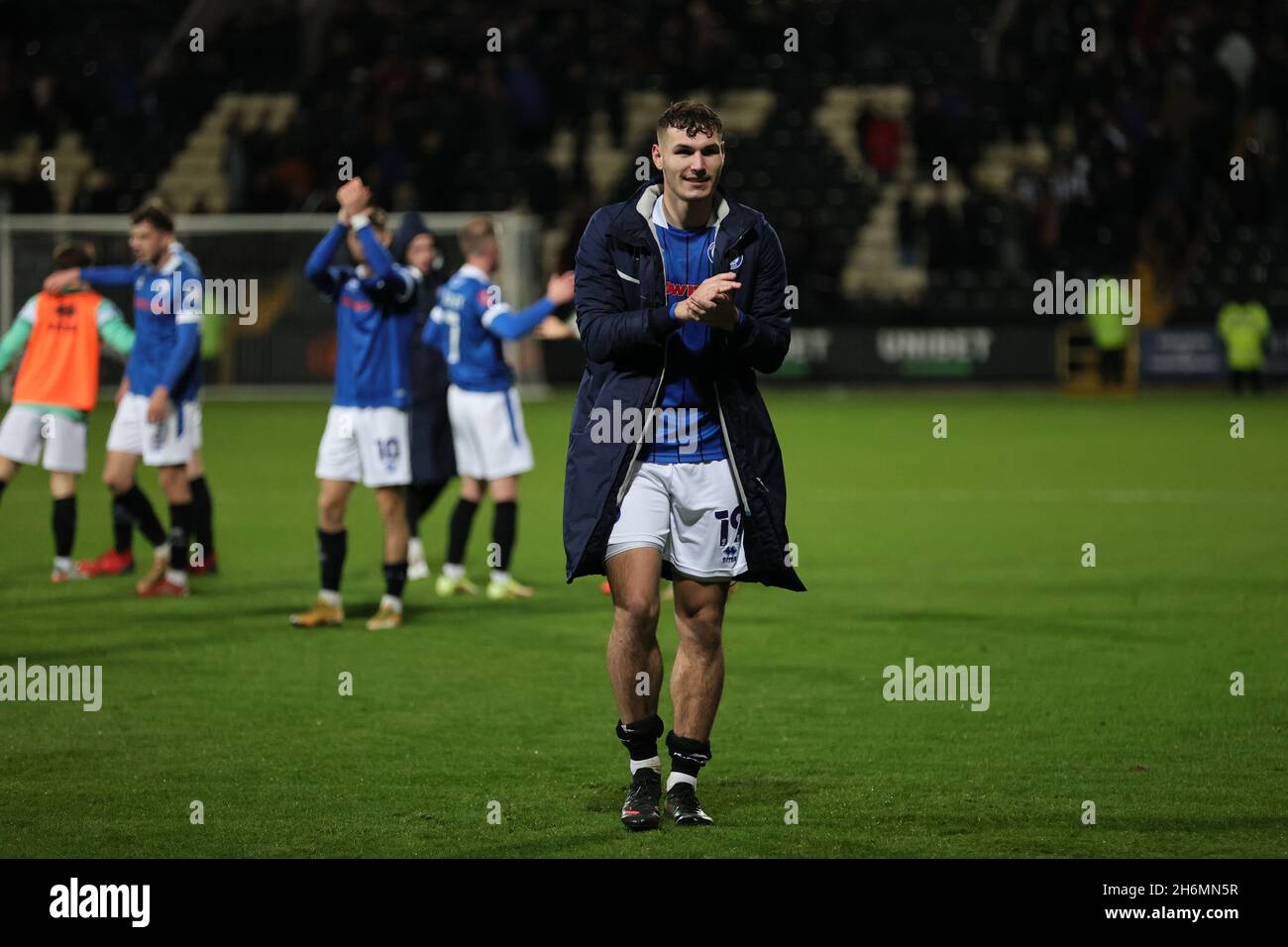 NOTTINGHAM, UK. NOVEMBER 16TH. Josh Andrews of Rochdale applauds the fans at the final whistle during the Emirates FA Cup 1st round replay match between Notts County and Rochdale at Meadow Lane Stadium, Nottingham on Tuesday 16th November 2021. (Credit: James Holyoak) Stock Photo