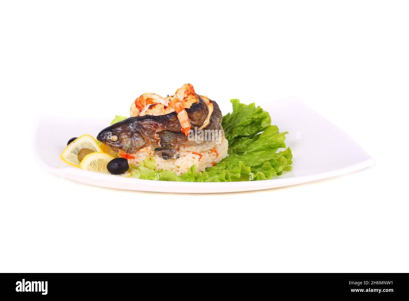 fish with the prawn, lemon and olives Stock Photo - Alamy