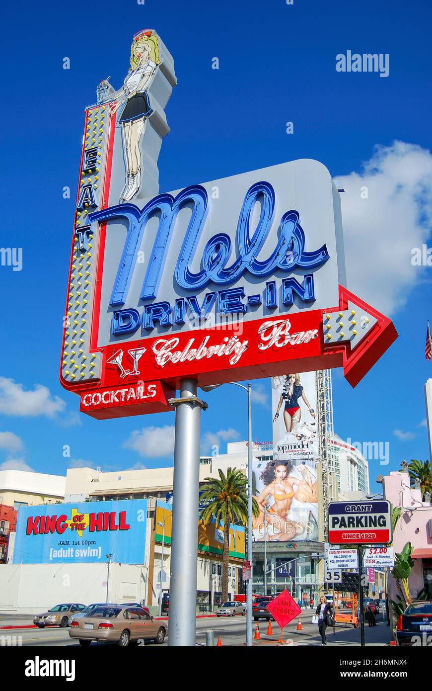 Mel's Bar drive-in sign, Highland Avenue, Hollywood, Los Angeles, California, United States of America Stock Photo