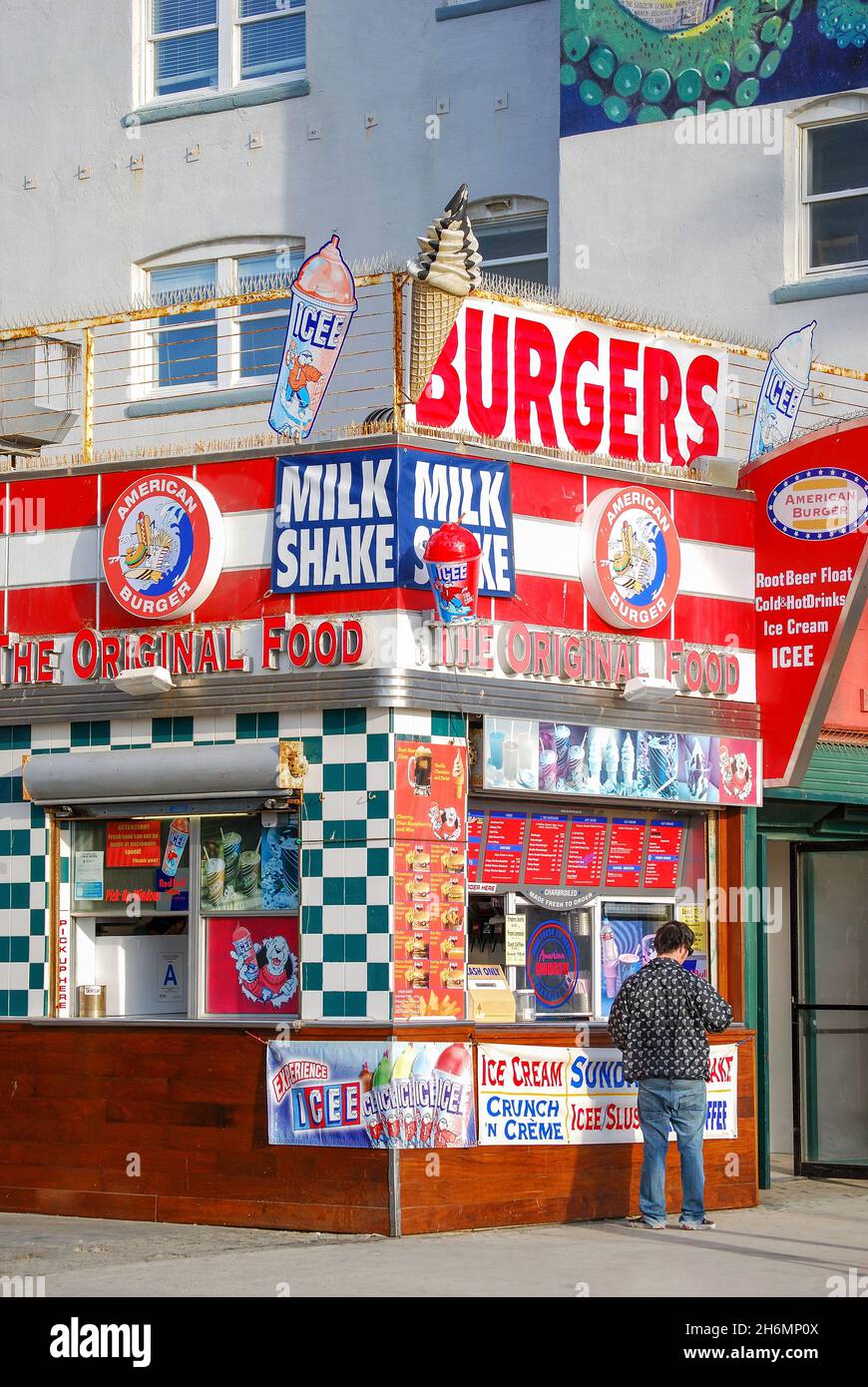 American Burger bar, Ocean Front Walk, Venice Beach, Los Angeles, California, United States of America Stock Photo