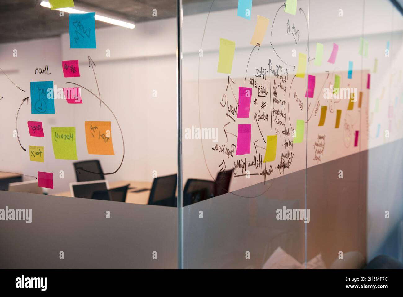 View of office partition with adhesive notes in office Stock Photo