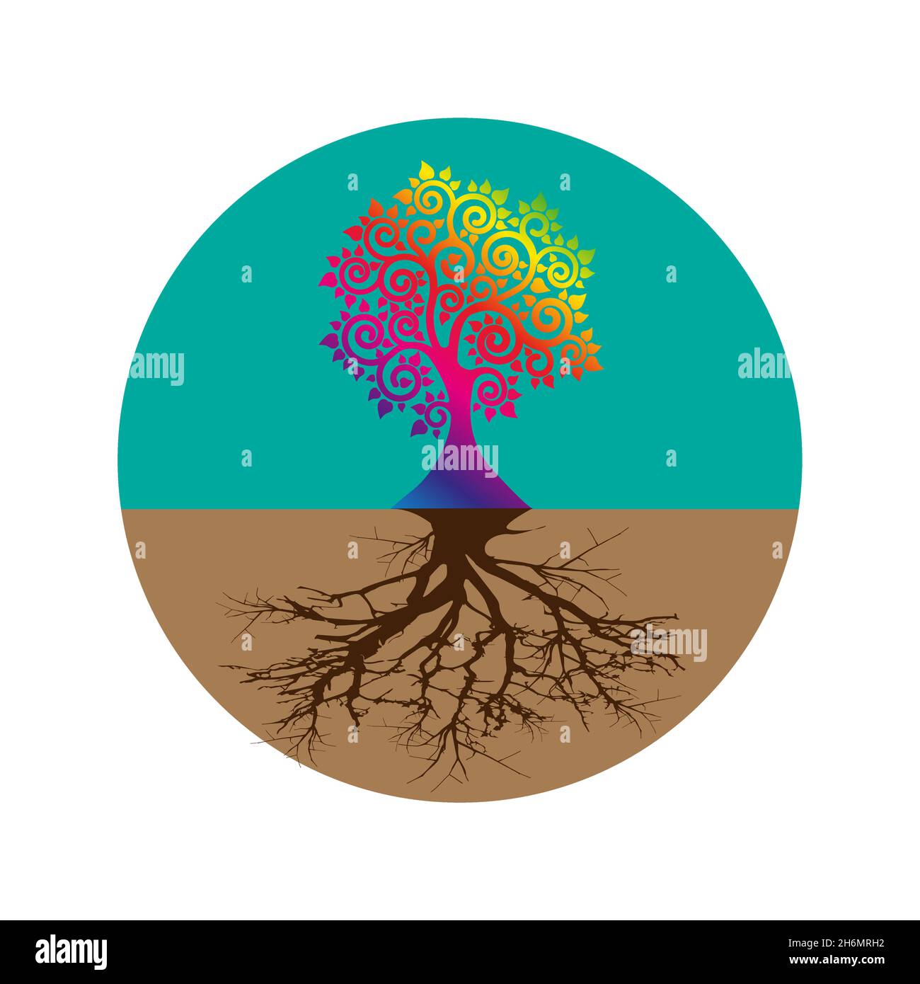 Sacred Tree of life and roots concept, The Bodhi tree circle logo template, silhouette icon vector isolated on white background Stock Vector