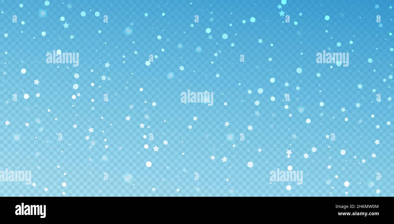 Magic stars random Christmas background. Subtle flying snow flakes and stars on blue transparent background. Awesome winter silver snowflake overlay t Stock Vector