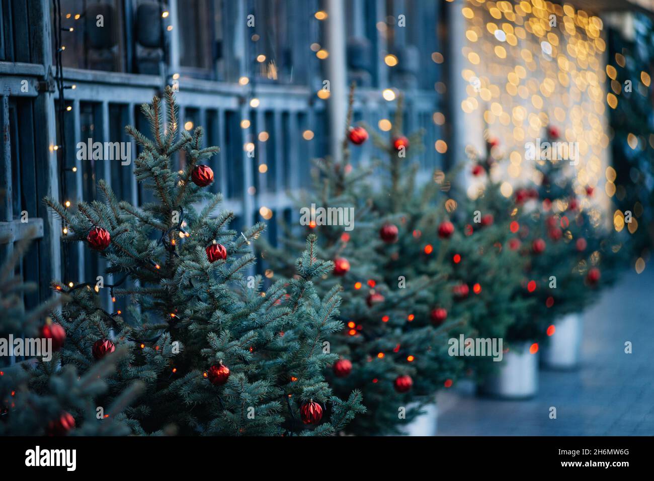 Christmas tree decorated with toys, against background of window with burning garland Beautiful luxurious Christmas tree with red balls,cone close-up Stock Photo