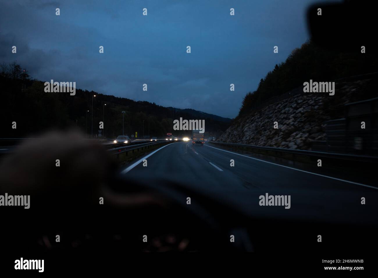 driving at night first-person view bad visibility Stock Photo