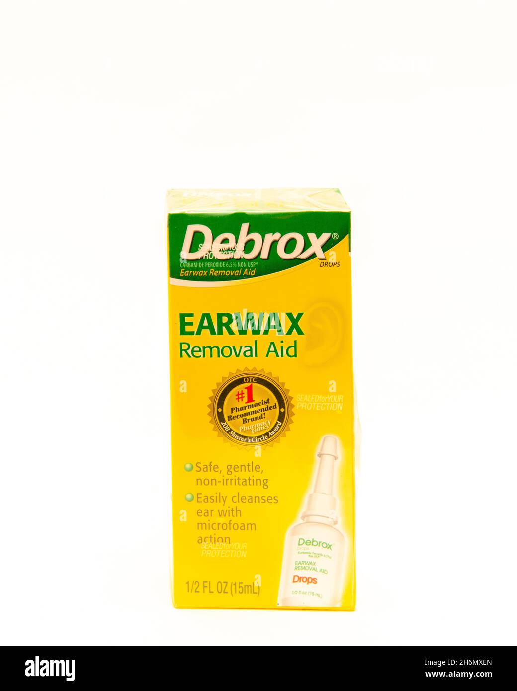 A package of Debrox drops earwax removal aid, containing carbamide peroxide easily cleanses ear with microfoam action Stock Photo