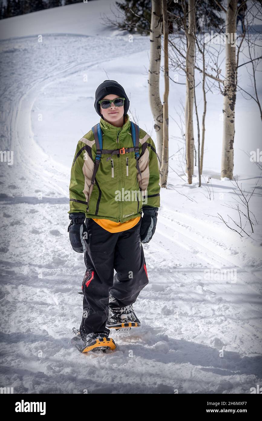 A boy snowshoes with a relaxed, casual posture as he traverses a snow-packed trail through the aspen trees. Stock Photo