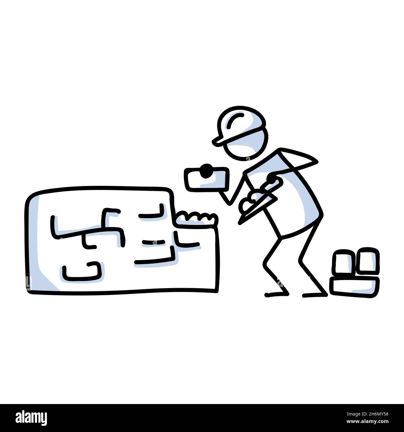 Drawn stick figure bricklaying construction worker. Tool use for industry sketchnote. Vector illustration of person on building site Stock Vector